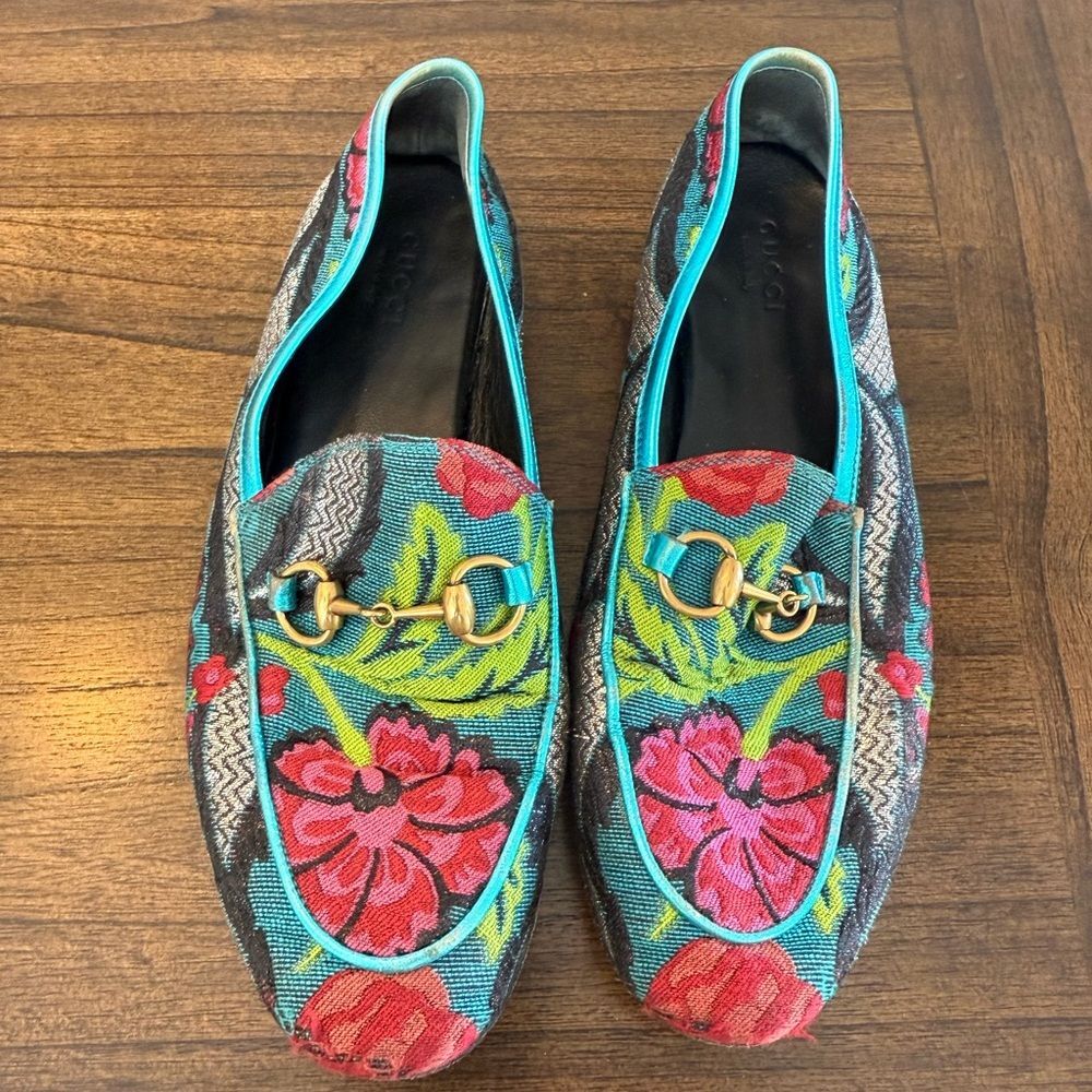 Gucci Jordaan Floral Embroidered Loafers - Multicolor size 35.5 - Picture 3 of 7